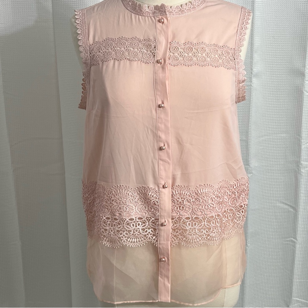 T‎ Tahari Women's Sheer and Lace Sleeveless Round Neck Blouse, Pink, Size M - Picture 3 of 8